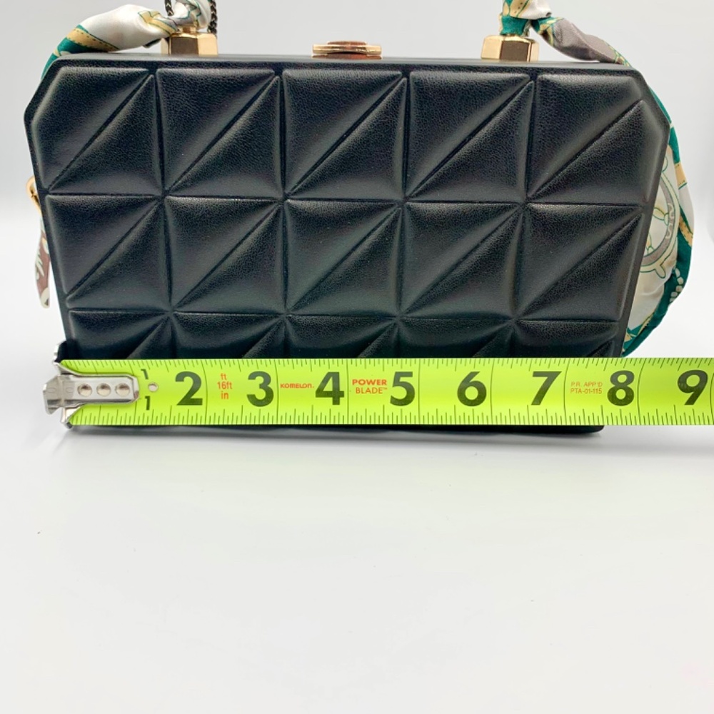 Stylish black quilted blue scarf top handle sling crossbody bag gold-tone chain - Picture 10 of 14